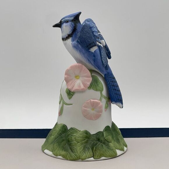 AVON Bisque Porcelain Bird Morning Glory Flower Bell 2001 Collectible Blue Jay - Picture 2 of 16